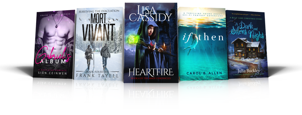 Five custom book cover designs shown side by side, spanning romance, thriller, fantasy, sci-fi, and holiday fiction
